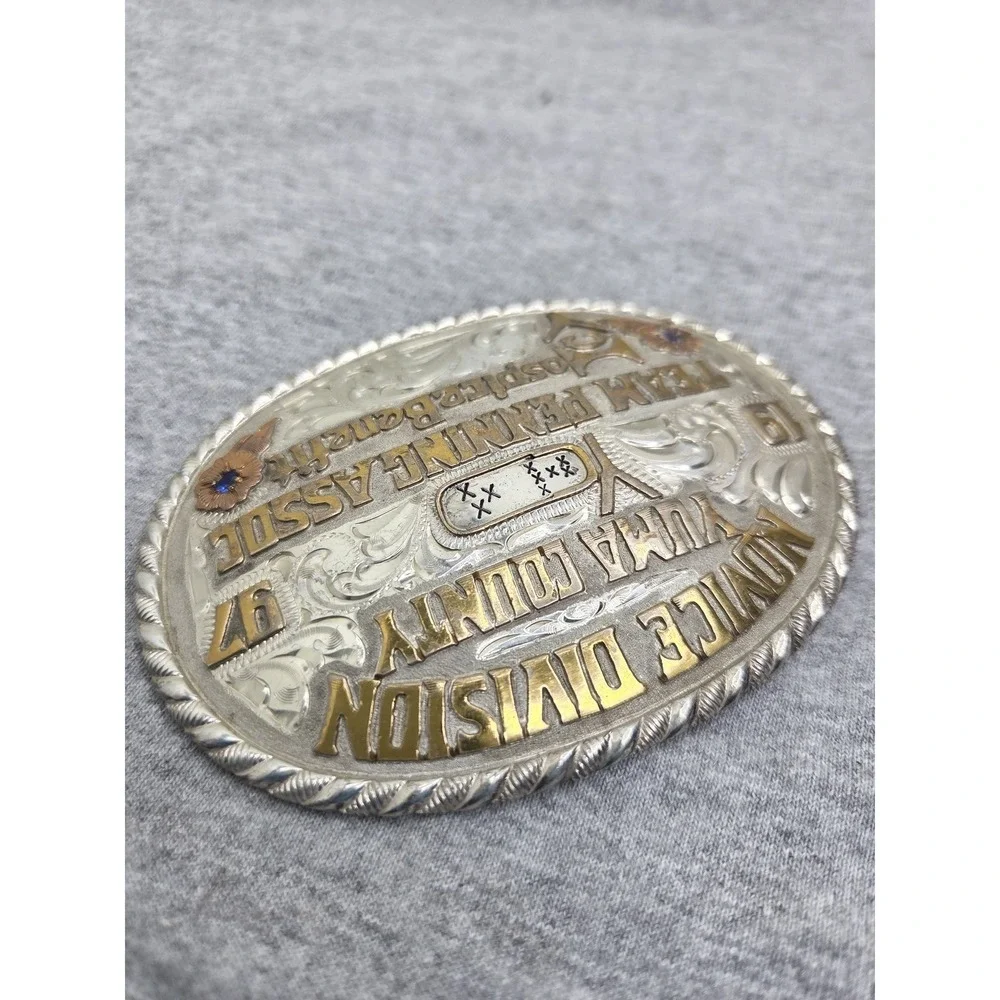 Vintage 1997 Red Bluff Buckle Co Novice Penning Rodeo Ruby Stone Belt Buckle